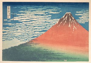 ”Etelätuuli, kirkas taivas” (Gaifū kaisei), tunnetaan myös nimellä ”Punainen Fuji”, sarjasta ”36 näkymää Fuji-vuorelta” (Fugaku sanjūrokkei) tekijältä Katsushika Hokusai