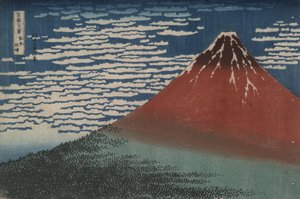 ”Etelätuuli kirkkaana aamuna”, joka tunnetaan myös nimellä ”Punainen Fuji”, sarjasta ”36 näkymää Fuji-vuoresta” tekijältä Katsushika Hokusai