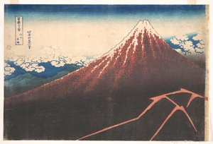 Myrsky Fuji-vuoren juurella (Sanka no haku u), sarjasta ”Fuji-vuoren 36 näkymää” (Fugaku sanjūrokkei) tekijältä Katsushika Hokusai