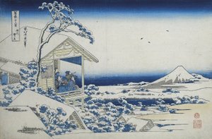 Teehuone Koishikawassa, aamu lumisateen jälkeen, n. 1830 (puupainatus) tekijältä Katsushika Hokusai