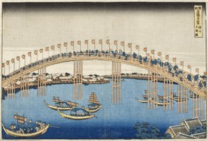 Temman silta, Settsun maakunta sarjasta Ihmeellisiä näkymiä eri maakuntien kuuluisista silloista, n.1835.
(värillinen puupiirros) tekijältä Katsushika Hokusai