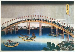 Temman silta, Osaka, Japani, 1830 tekijältä Katsushika Hokusai