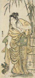 Näyttelijä Ichikawa Komazo naisena, jolla on epäselvät hiukset, n. 1791 tekijältä Katsushika Hokusai