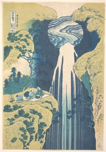 Amida-putous Kisokaidō-tien syrjäisillä seuduilla (Kisoji no oku Amida-ga-taki), teoksesta ”Kierros eri maakuntien vesiputouksilla” (Shokoku taki meguri) tekijältä Katsushika Hokusai