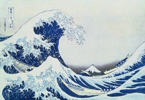The Great Wave off Kanagawa, sarjasta "36 Views of Mt.Fuji" ("Fugaku sanjuokkei") pub. kirjoittanut Nishimura Eijudo, 1831 (värillinen puupalikkaprintti) tekijältä Katsushika Hokusai