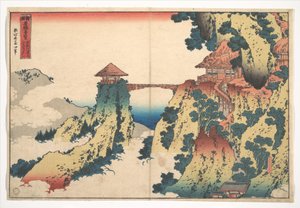 ”Ripustettu pilvisilta Gyōdō-vuorella lähellä Ashikagaa” (Ashikaga Gyōdōzan kumo no kakehashi), teoksesta ”Merkittäviä näkymiä siltoista eri maakunnissa” (Shokoku meikyō kiran) tekijältä Katsushika Hokusai