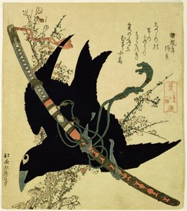 Pikku korppi Minamoto-klaanin miekalla, n.1823 (värillinen puupiirros) tekijältä Katsushika Hokusai