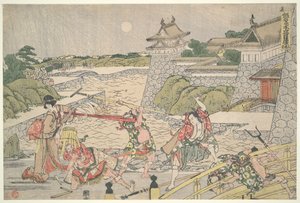 47 roninin uskollinen liitto (Chūshingura),  III näytös: Bannai ja hänen miehensä hyökkäävät Kampein kimppuun tekijältä Katsushika Hokusai