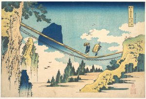 Hidan ja Etchūn maakuntien rajalla sijaitseva riippusilta (Hietsu no sakai tsuribashi), teoksesta ”Eri maakuntien merkittävimmät silta-näkymät” (Shokoku meikyō kiran) tekijältä Katsushika Hokusai