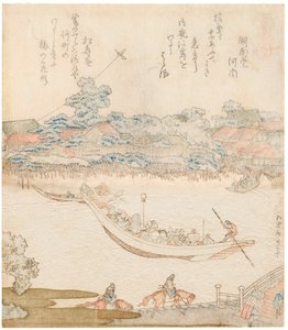 Sumida-joen rannat, Komatomeishi. Triptyykki sarjasta Umazukushi, Keskiosa, 1822 tekijältä Katsushika Hokusai