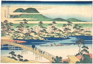 Togetsun silta Arashiyamassa Yamashiron kaupungissa, sarjasta Huomionarvoisia näkymiä silloista eri maakunnissa (Shokoku meikyō kiran), noin 1830 (värillinen puupiirros). tekijältä Katsushika Hokusai