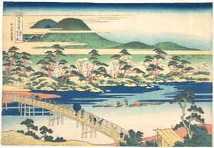 Togetsu-silta Arashiyamassa Yamashirossa, teoksesta ”Erilaisten maakuntien siltojen upeita näkymiä” (Shokoku meikyō kiran) tekijältä Katsushika Hokusai