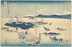 Tsukudajima Musashin maakunnassa (Buyō Tsukudajima), sarjasta ”Fuji-vuoren 36 näkymää” (Fugaku sanjūrokkei) tekijältä Katsushika Hokusai