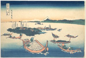 Tsukudajima Musashin maakunnassa (Buyō Tsukudajima), sarjasta ”Fuji-vuoren 36 näkymää” (Fugaku sanjūrokkei) tekijältä Katsushika Hokusai