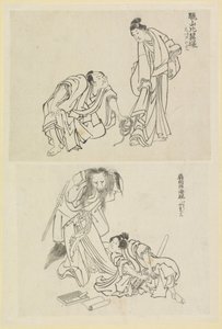Kaksi lavakohtausta, yksi mies ja nainen ja toinen mies ja kettu nainen tekijältä Katsushika Hokusai