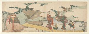 Kaksi naista ja poika rantakadulla tekijältä Katsushika Hokusai