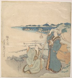 Kaksi nuorta naista rannalla; toinen osoittaa tekijältä Katsushika Hokusai