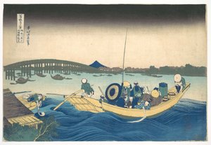 Auringonlaskun katselu Ryōgoku-sillalta Onmayan rantakadulta (Onmayagashi yori Ryōgokubashi sekiyō o miru), sarjasta ”Fuji-vuoren 36 näkymää” (Fugaku sanjūrokkei) tekijältä Katsushika Hokusai