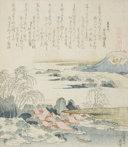 Kylä Yoshino-joen varrella, kuvitus Brocade Shellille tekijältä Katsushika Hokusai