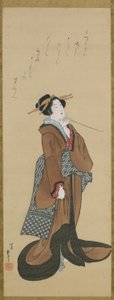 Nainen pitelee piippua, Edo-kausi, n. 1814-1815 (muste ja väri silkillä) tekijältä Katsushika Hokusai