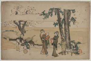 Nainen ohittaa tienvarsiliikkeen lähellä Ojia, 1800-luvun alussa. tekijältä Katsushika Hokusai