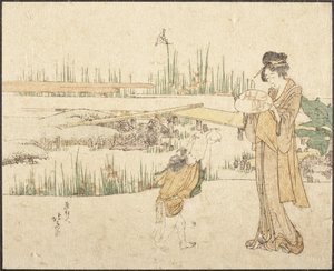 Nainen ja lapsi puutarhassa; katkelma teoksesta ”Kultakalanmyyjä” tekijältä Katsushika Hokusai