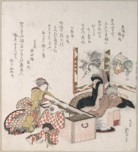 Naiset valmistavat teetä tulipesän ympärillä tekijältä Katsushika Hokusai