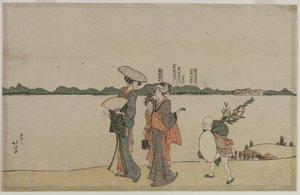 Naiset ja lapset kävelemässä Sumida-joen varrella, 1800-luvun alku. tekijältä Katsushika Hokusai