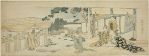 Naiset verannalla katsomassa tyttöä poimimassa kukkia tekijältä Katsushika Hokusai