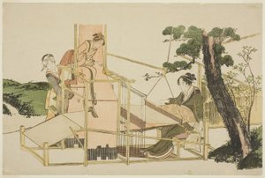 Naiset kutomassa kangaspuulla tekijältä Katsushika Hokusai