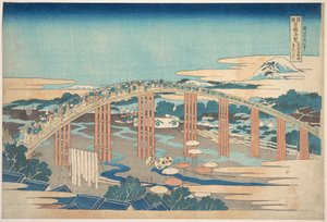 Yahagi-silta Okazakissa Tōkaidō-tiellä (Tōkaidō Okazaki Yahagi no hashi), teoksesta ”Merkittäviä näkymiä siltoista eri maakunnissa” (Shokoku meikyō kiran) tekijältä Katsushika Hokusai