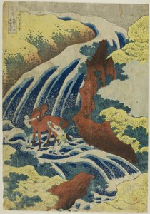 Yoshitsunen hevosenpesuputoukset Yoshinossa Yamaton maakunnassa (Washu Yoshino Yoshitsune uma arai no taki) sarjasta "Kierros vesiputouksia eri maakunnissa (Shokoku taki meguri)" tekijältä Katsushika Hokusai