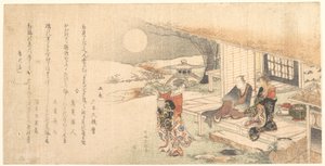 Nuori nainen lampun kanssa; mies ja nainen teehuoneen verannalla tekijältä Katsushika Hokusai