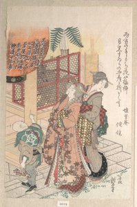 Nuoret naiset vierailevat shintolaisessa pyhäkössä tekijältä Katsushika Hokusai