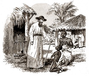 Katolinen lähetyssaarnaaja Afrikassa harjoittelemassa kääntymystä lapsesta ja hänen isästään, n. 1900 (kaiverrus) tekijältä 