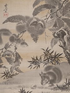 Oravat keräävät kastanjoita, n. 1887. tekijältä Kawanabe Kyosai