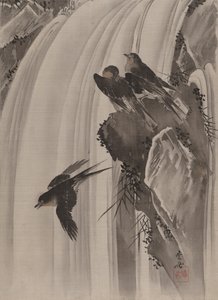 Pääskyset vesiputouksen äärellä, n. 1887. tekijältä Kawanabe Kyosai