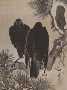 Kaksi varista männyn oksalla, n. 1887. tekijältä Kawanabe Kyosai