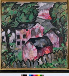 Maisema punaisilla taloilla Maalaus Kazimir Severinovich Malevich (Malevich, Malevich) (1878-1935) Aurinko 107x106 cm 1910 Sun Taidemuseo Bale tekijältä Kazimir Severinovich Malevich