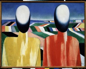 Talonpojat (talonpojat). Kaksi kasvotonta päätä viljeltyjen peltojen maiseman edessä. Maalaus: Kasimir Severinovich Malevich (Malevich, Malevic) (1878-1935), öljy kankaalle, noin 1930. Venäläinen taide, avantgarde, 1900-luku, suprematismi. Venäjän valtion  tekijältä Kazimir Severinovich Malevich
