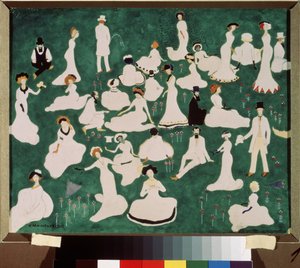 Rentoutuminen. Korkea yhteiskunta silinterihattuissa. (Rentouttava. High Society silinterihatuissa). Hauskan ja rentoutumisen kohtaus puiston nurmikolla. Kasimir Severinovich Malevitchin (Malevich, Malevic) (1878-1935) työ, vesiväri, guassi ja tussi tekijältä Kazimir Severinovich Malevich