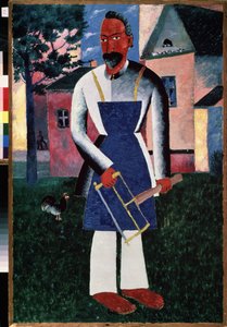 Kesäinen asukas. (Kesäasukka). Kesällä maalaiskylän edessä muotokuva puusepistä, avojaloin, esiliinassa työkaluja pitelemässä. Maalaus: Kasimir Severinovich Malevitch (Malevich, Malevic) (1878-1935), öljy puulle tekijältä Kazimir Severinovich Malevich
