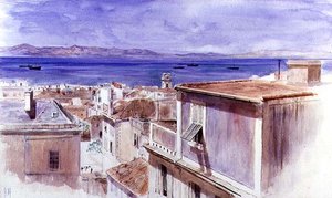 Gibraltar ja Espanjan rannikko sen takana (akvarelli)