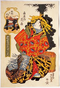 Kurtesaani Hanaogi Ogiya-talosta kurtisaanien kevätparaatissa, noin 1830, Keisai Eisenin (1790-1848) ukiyo-e-taidevedos, Oban tate-e -puupiirros, 38,5 x 25. 7 cm, japanilainen sivilisaatio, Edo-kausi