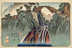 Inagawan silta Nojirissa (Nojiri Inagawa bashi Enkei), julkaisija Hoeido ja Kinjudo, 1830-luvun loppupuoli (käsin väritetty puupiirros).