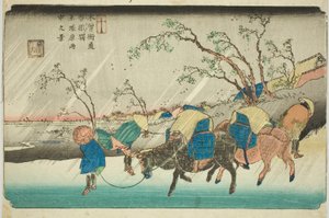 Nro 20: Sade Hiratsukan tasangolla lähellä Kutsukake-asemaa (Niju: Kutsukake no eki, Hiratsukahara uchu no kei), sarjasta "[Sixty-nine Stations of the] Kisokaido (Kisokaido [rokujukyu tsugi no uchi])" tekijältä Keisai Eisen