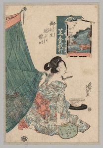 Nainen paperit suussa ja tuuletin kädessä, 1789-1851. tekijältä Keisai Eisen