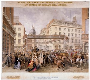 Uuden kävelysillan suunnittelu Ludgate Hillin ja Fleet Streetin risteyksessä Lontoon Cityssä, 1862.