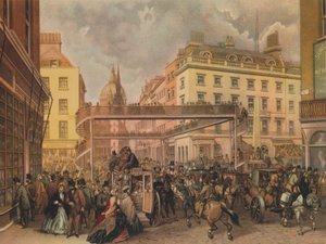 Uuden kävelysillan suunnittelu Ludgate Hillin ja Fleet Streetin risteyksessä Lontoon Cityssä, 1862.