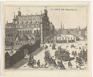 Näkymä Brysselin tuomioistuimesta, 1673. La cour de Brusselle (otsikko esineessä) tekijältä Kemnitz